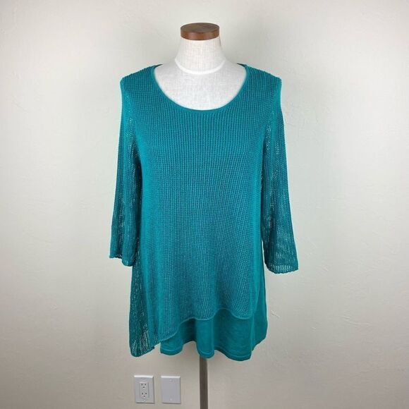 Eileen Fisher Organic Linen Asymmetrical Knit Sweater - Teal Green - Picture 2 of 7